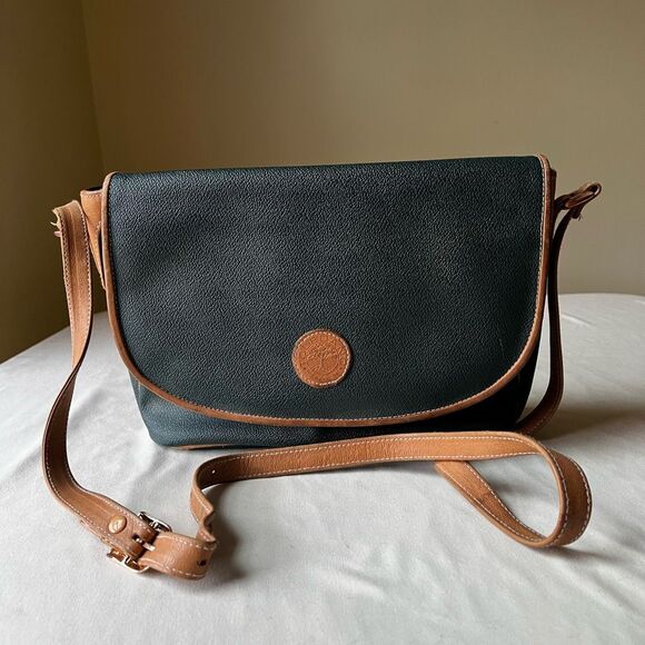 Vintageβ Toledano Green Leather Crossbody Bag with Tan Trim Flap Shoulder Purse - Picture 1 of 9